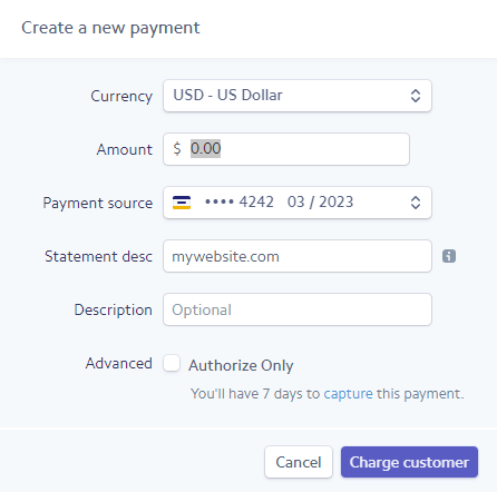 Create a new payment in Stripe.