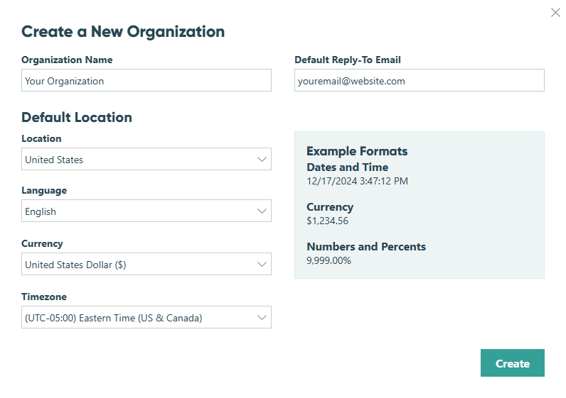Giving a new organization a unique name, selecting a reply-to address, and setting a default location.