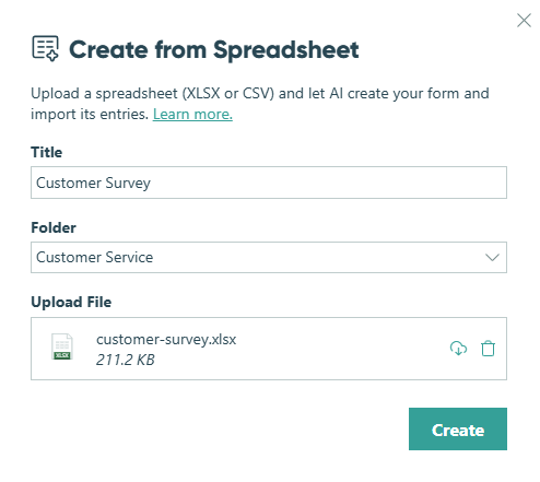 Create a form and import entries by uploading a spreadsheet (XLSX or CSV)