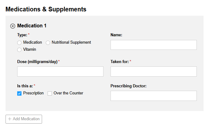 Current Medications form with repeating sections for medications