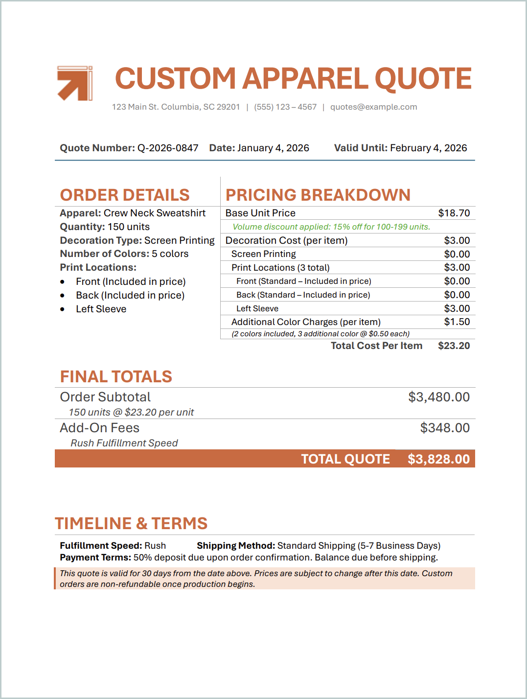 Screenshot of a custom apparel quote generated document with custom branding, colors, and formatting