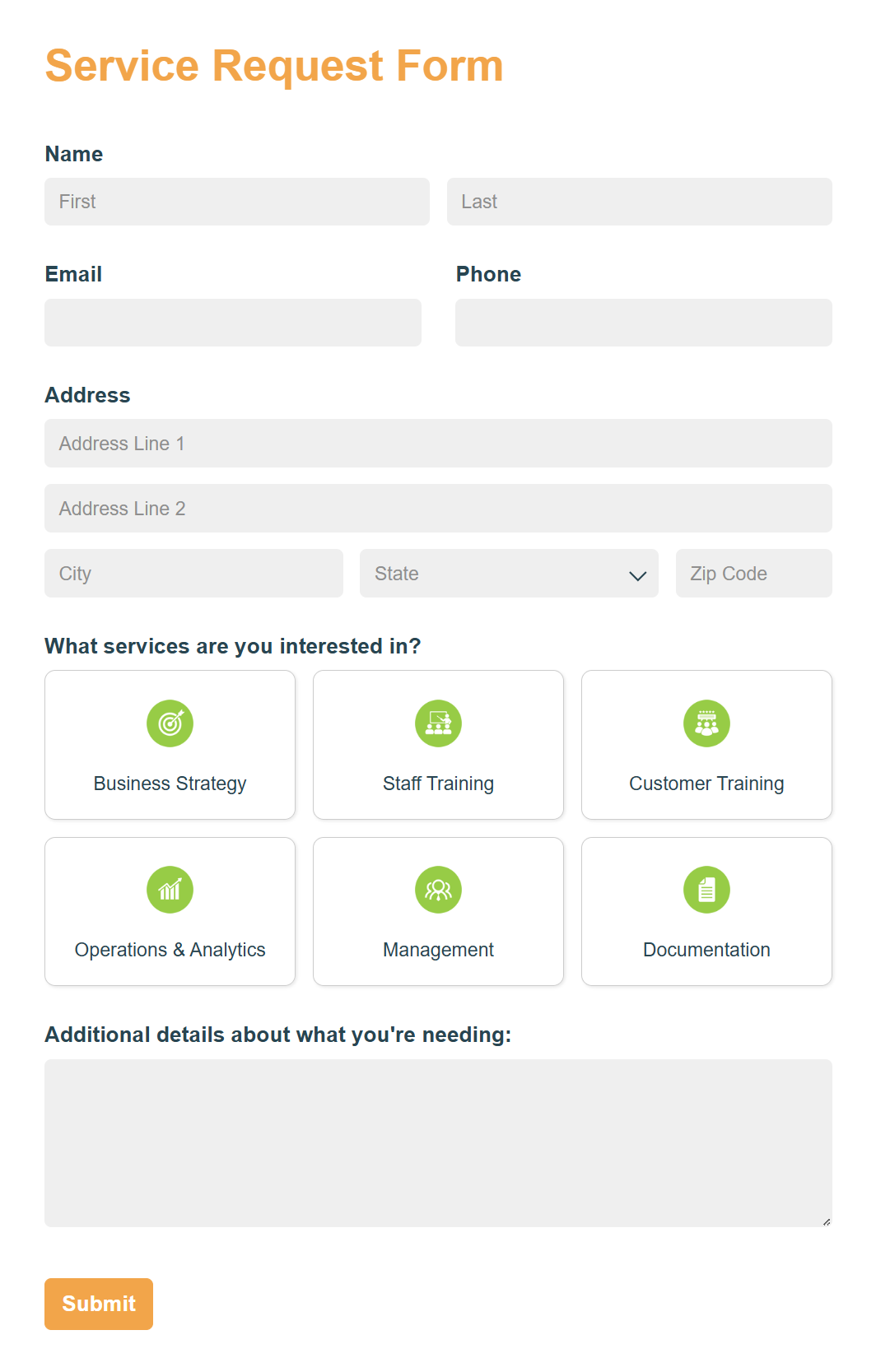 screenshot of a service request form with fields for Name, Email, Phone, Address, Choice field for what services you are interested in, a text box for additional details, and a Submit button
