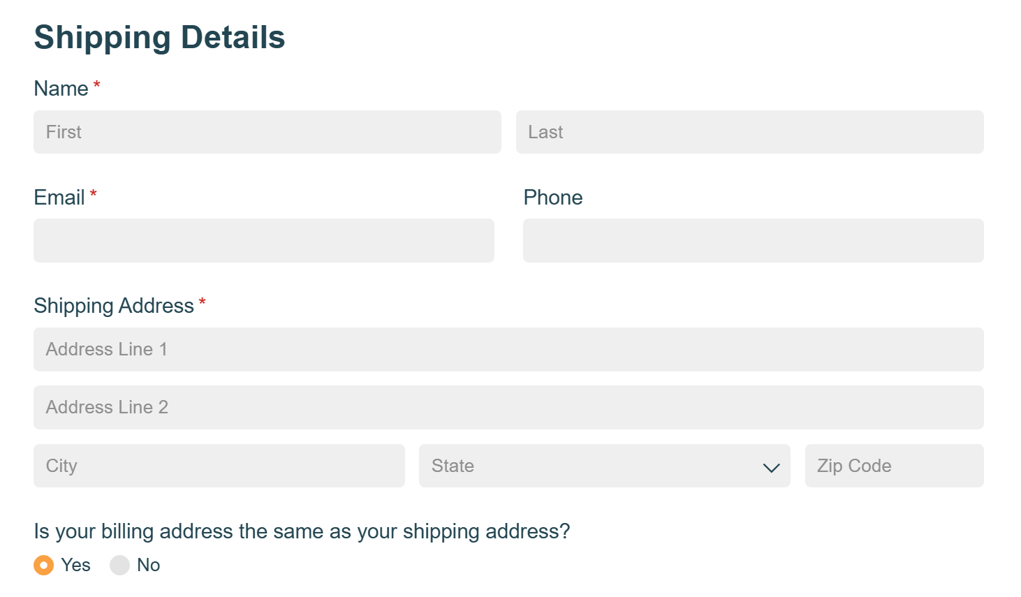 customer information fields on a mobile order form