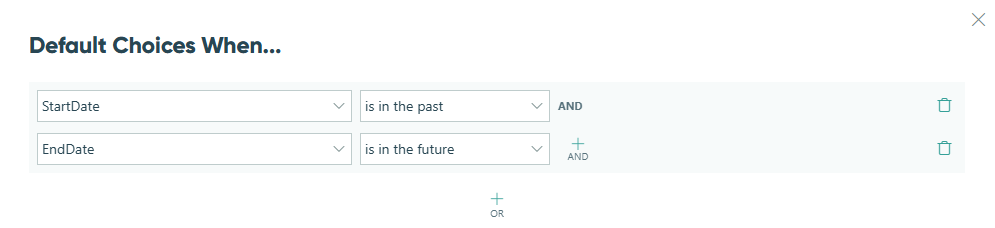 Set the filter to only include choices where the start date is in the past, and the end date is in the future.