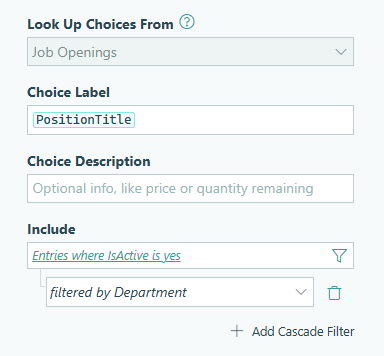 Filter the list of job openings by department using a cascade filter.
