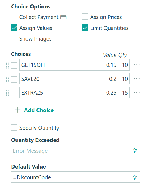 Add a Choice field for the list of discount codes.