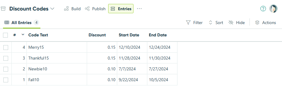 Populate the form entries with details about each discount code.