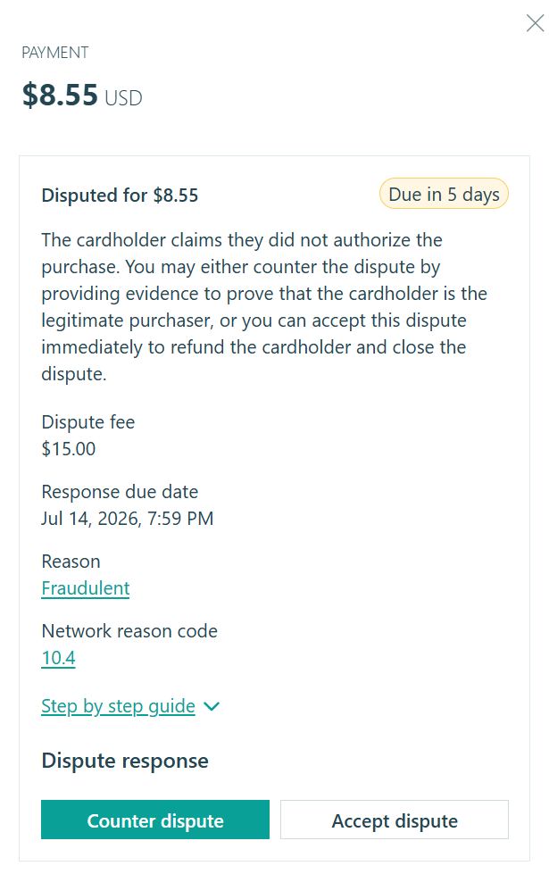 Disputes are managed through the payment details dialog.