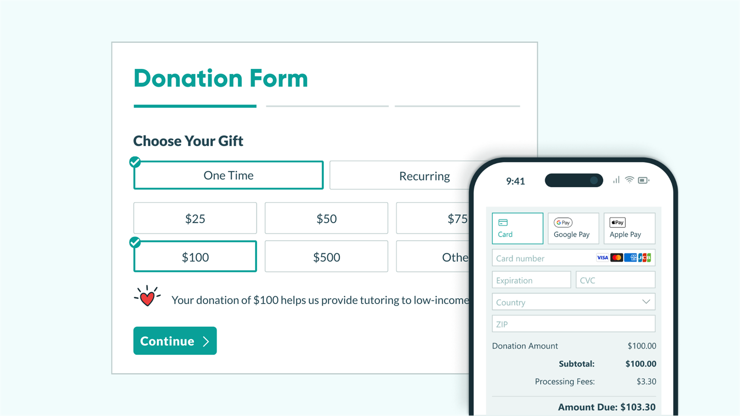 Graphic showing an online donation form with an amount selected on a desktop online form and the payment fields for the form on mobile