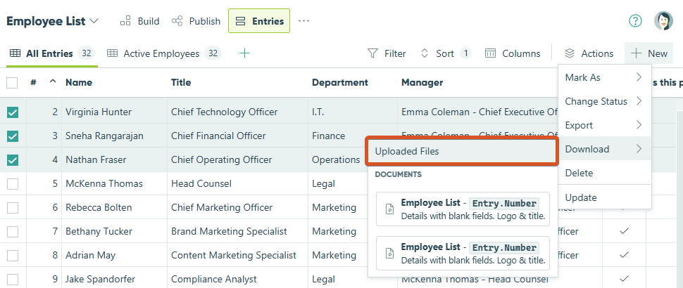Select Uploaded Files from the Actions menu.
