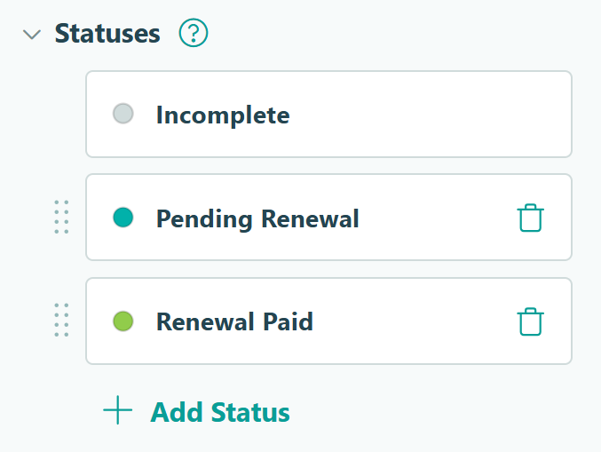 Screenshot of the statuses in the workflow settings on a form in Cognito Forms