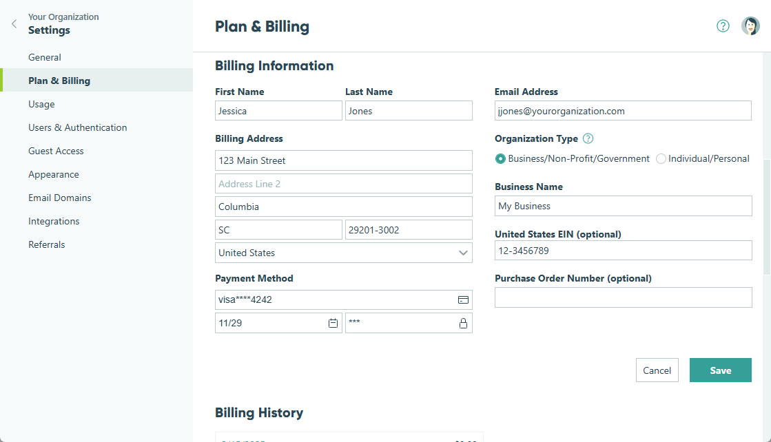 Changing your organization's billing information.