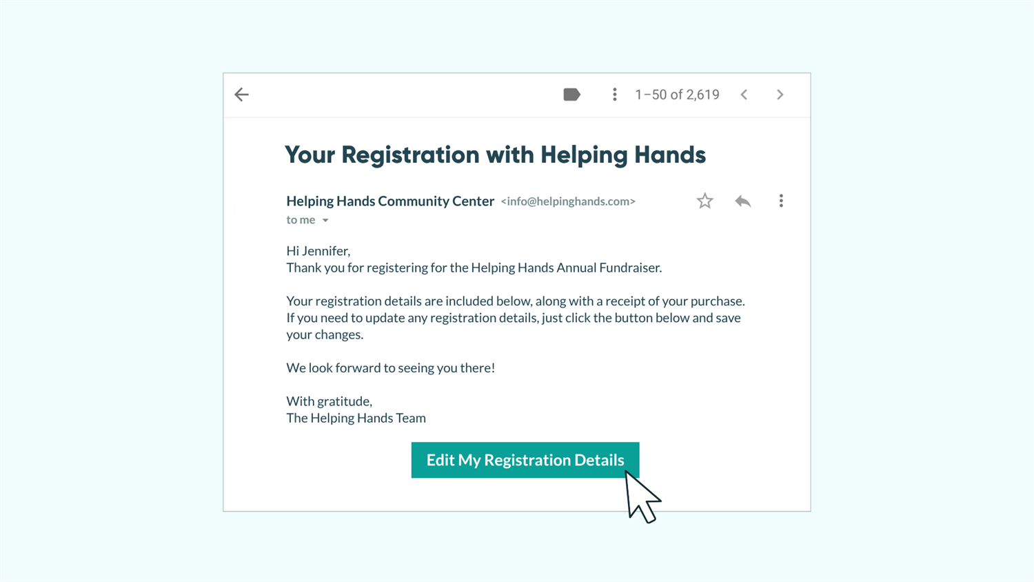 Screenshot of an email with a cursor hovering over a button titled "Edit my registration details"