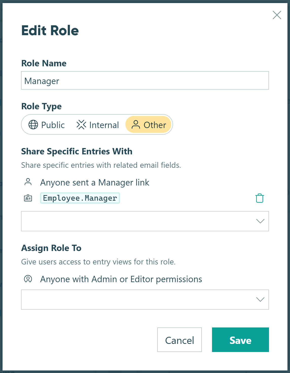 Edit Role panel to create a Role, assign type, and add users to that Role