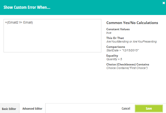 Calculation to ensure the two email form fields match.