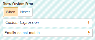 Custom error message field informs users that emails do not match.