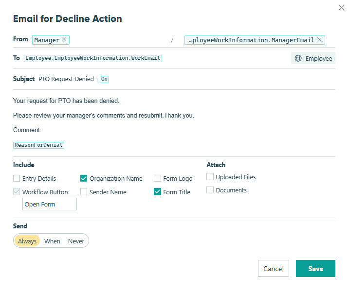 Email reject action manager email requesting time off
