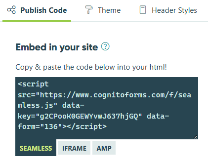 Screenshot of the embed code for a form in Cognito Forms