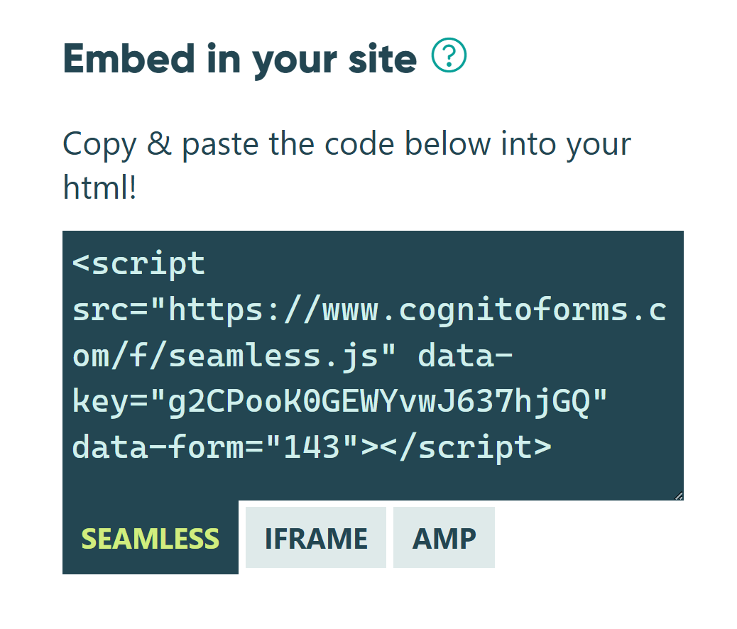 Screenshot of embed code in Cognito Forms
