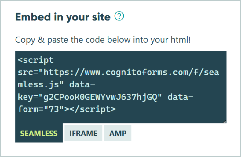 Screenshot of the embed code options on a form in Cognito Forms