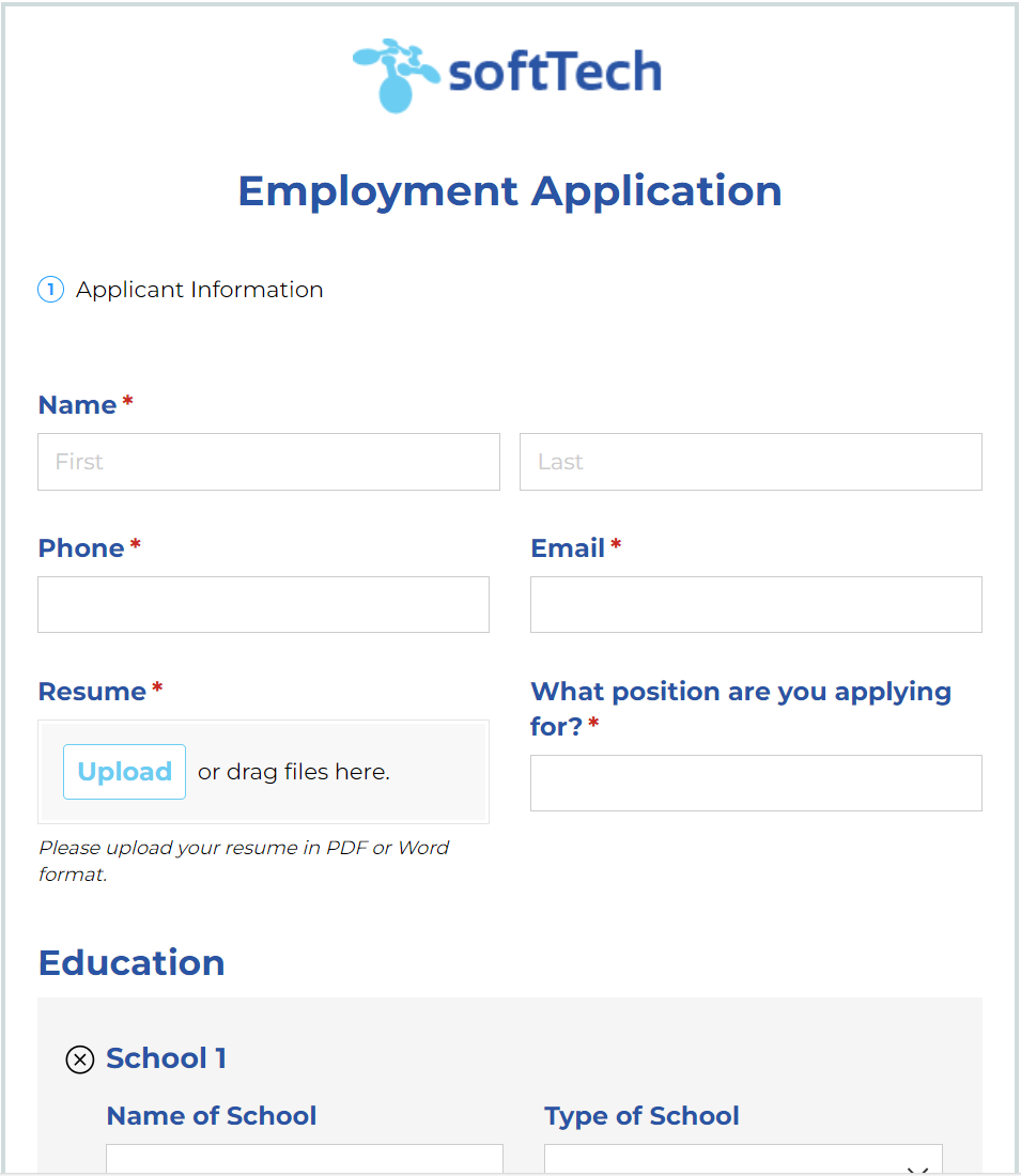 SoftTech Employment Application form.