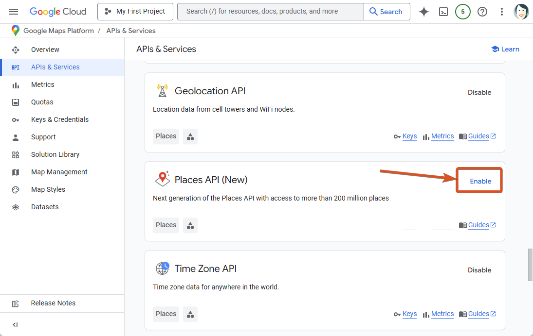 Find and enable the Maps JavaScript API and Places API (New)