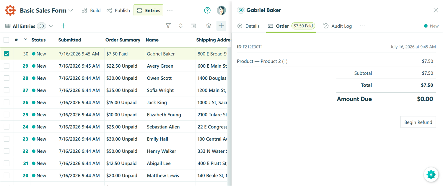 Manage entries with payment on the Entries page.