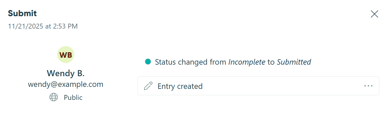 Screenshot of Cognito Forms UI in the Entry Audit Log showing the name and email address of the person who submitted the form