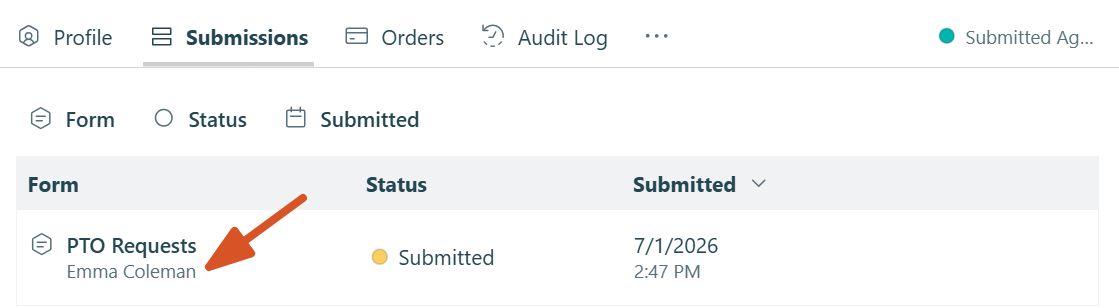 The entry summary appears under the form name in the Submissions tab.