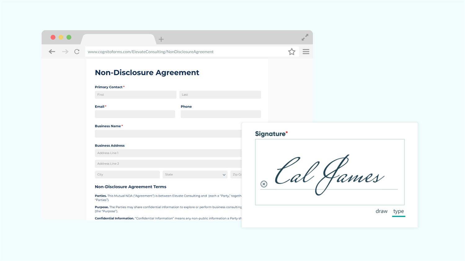 Graphic of a non-disclosure agreement online form on a browser with a signature field highlighted