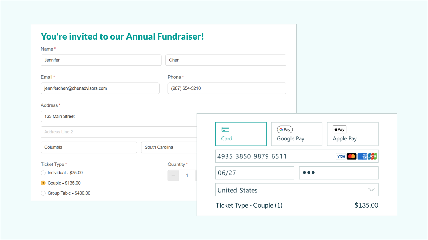 Screenshot of a registration form with customer information filled out, and the payment section of the form showing the total and options to pay by card, Google Pay, or Apple Pay