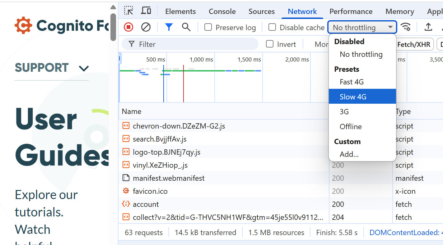 Example of how to emulate a slow connection in Chrome