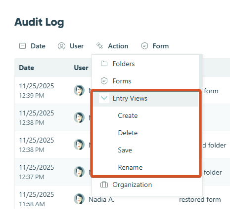 Click the down arrow next to an action type to expand it and view individual actions.