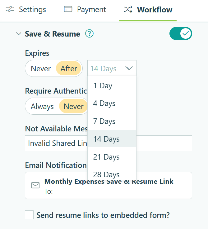 screenshot of the "Save and Resume" expiration setting in Cognito Forms with a drop-down showing options of 1, 4, 7, 14, 21, or 28 days