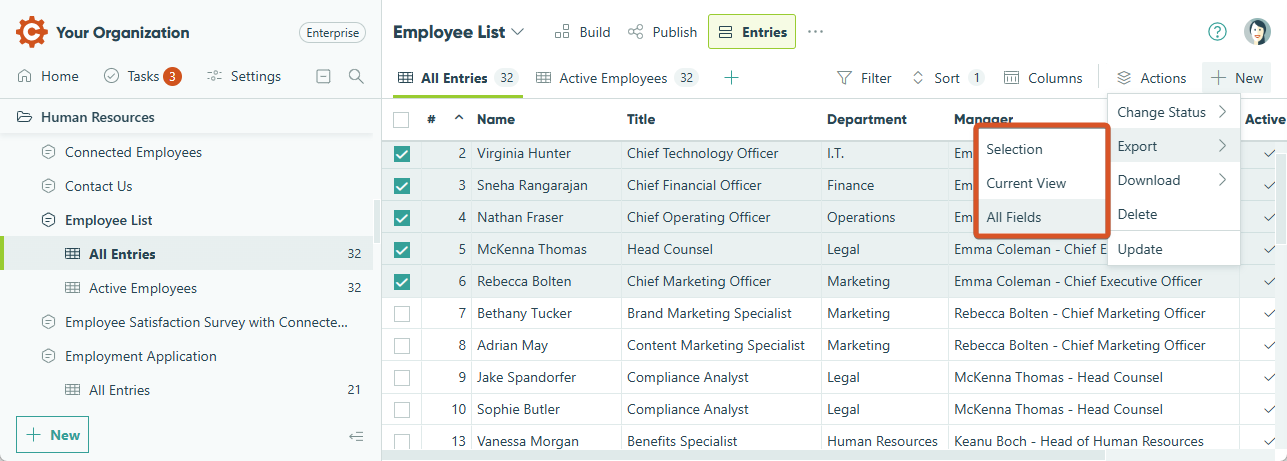Exporting entries from a form to Excel.