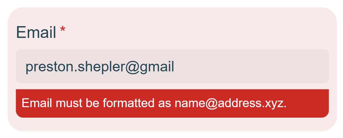 screenshot of email address validation on an email field