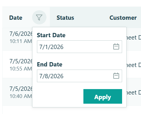 Filter orders by start and end date.