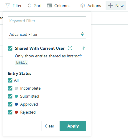Filter the entry view based on your workflow scenario.