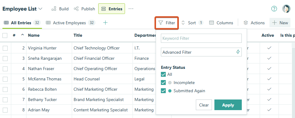 Filtering entries based on entry number.