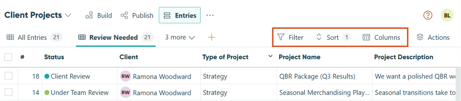 Screenshot of the Cognito Forms Entries page with filter, sort, and columns buttons highlighted