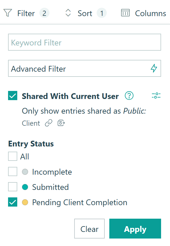 screenshot of a task view's filters in Cognito Forms. It is filtered to only show entries shared with current user and when they're in the pending client completion status