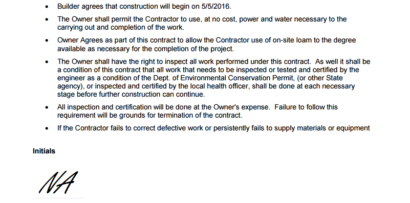 Custom contract with client initials at the bottom.