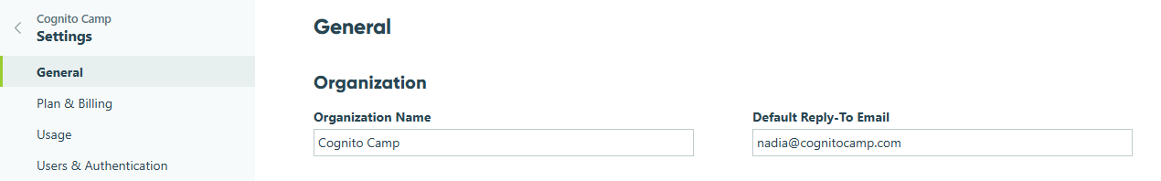 Edit the organization name and default reply-to email in the General settings.