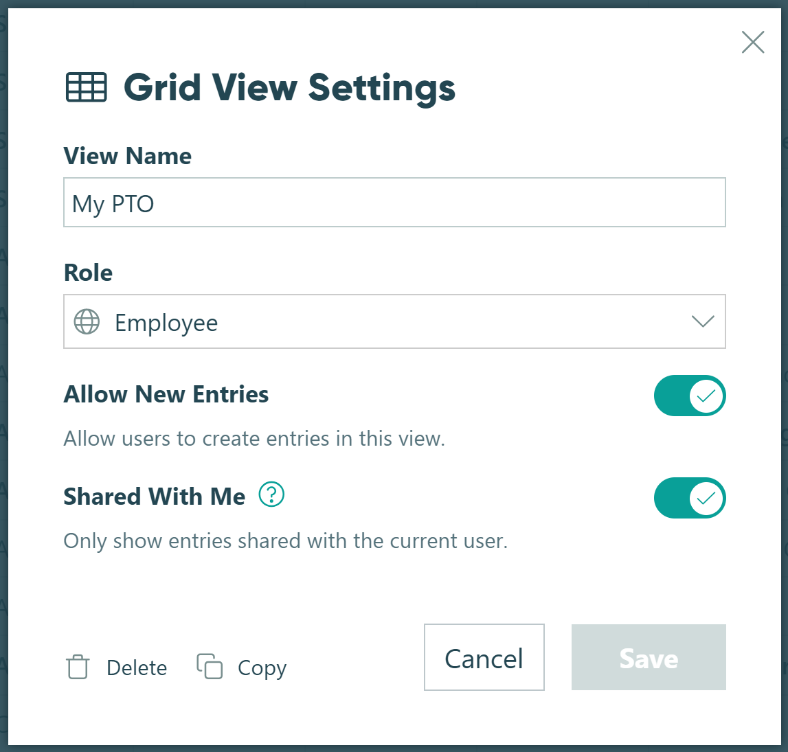 Grid View Settings options to create a unique view of entries on a form