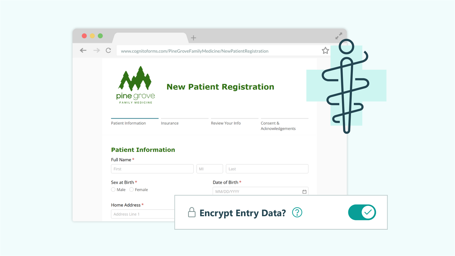Screenshot of a digital patient registration form with the HIPAA logo next to it and the data encryption setting in Cognito Forms turned on