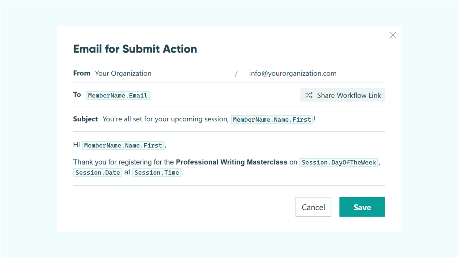 screenshot for setting up a Cognito Forms email notification with dynamic field tokens