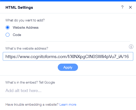 Copy your website address into HTML Settings for your Wix page.