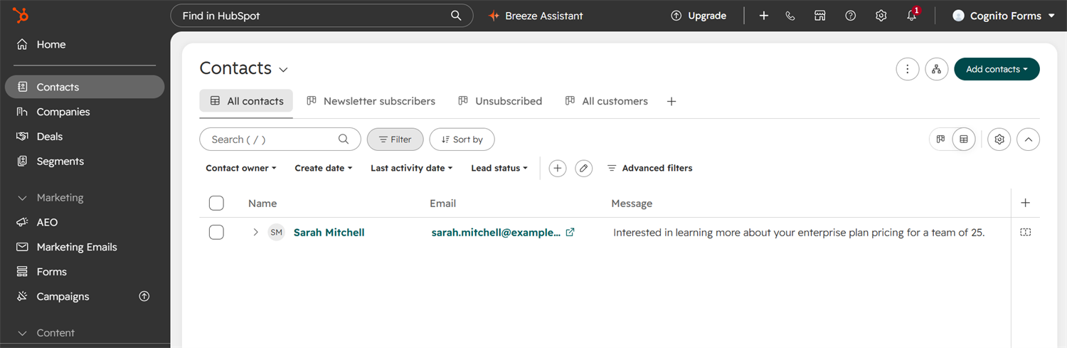 Every new form submission creates a contact in Hubspot automatically.