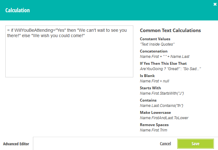 An if/then statement in a calculation field.