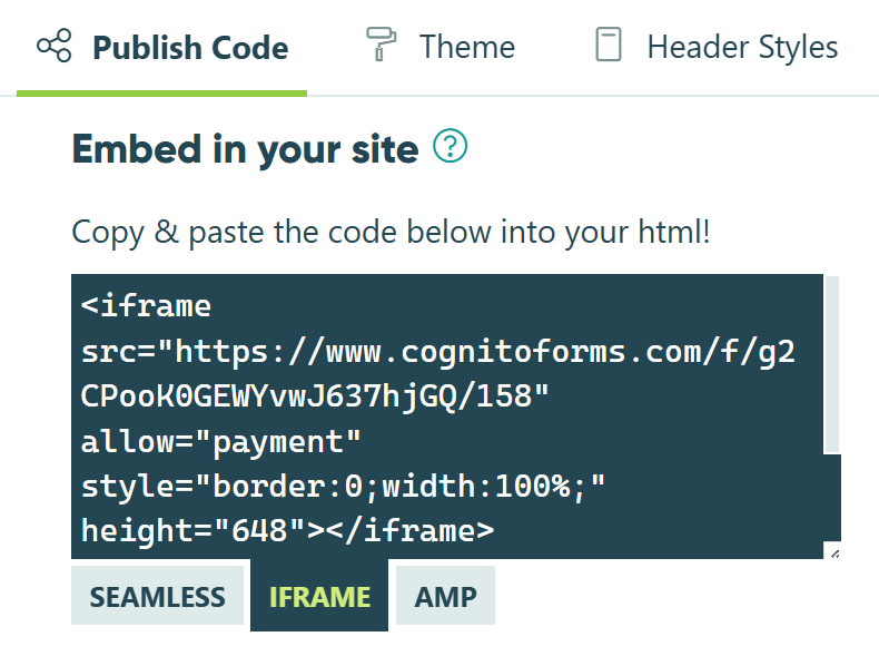 Screenshot of the iframe embed code for a form in Cognito Forms